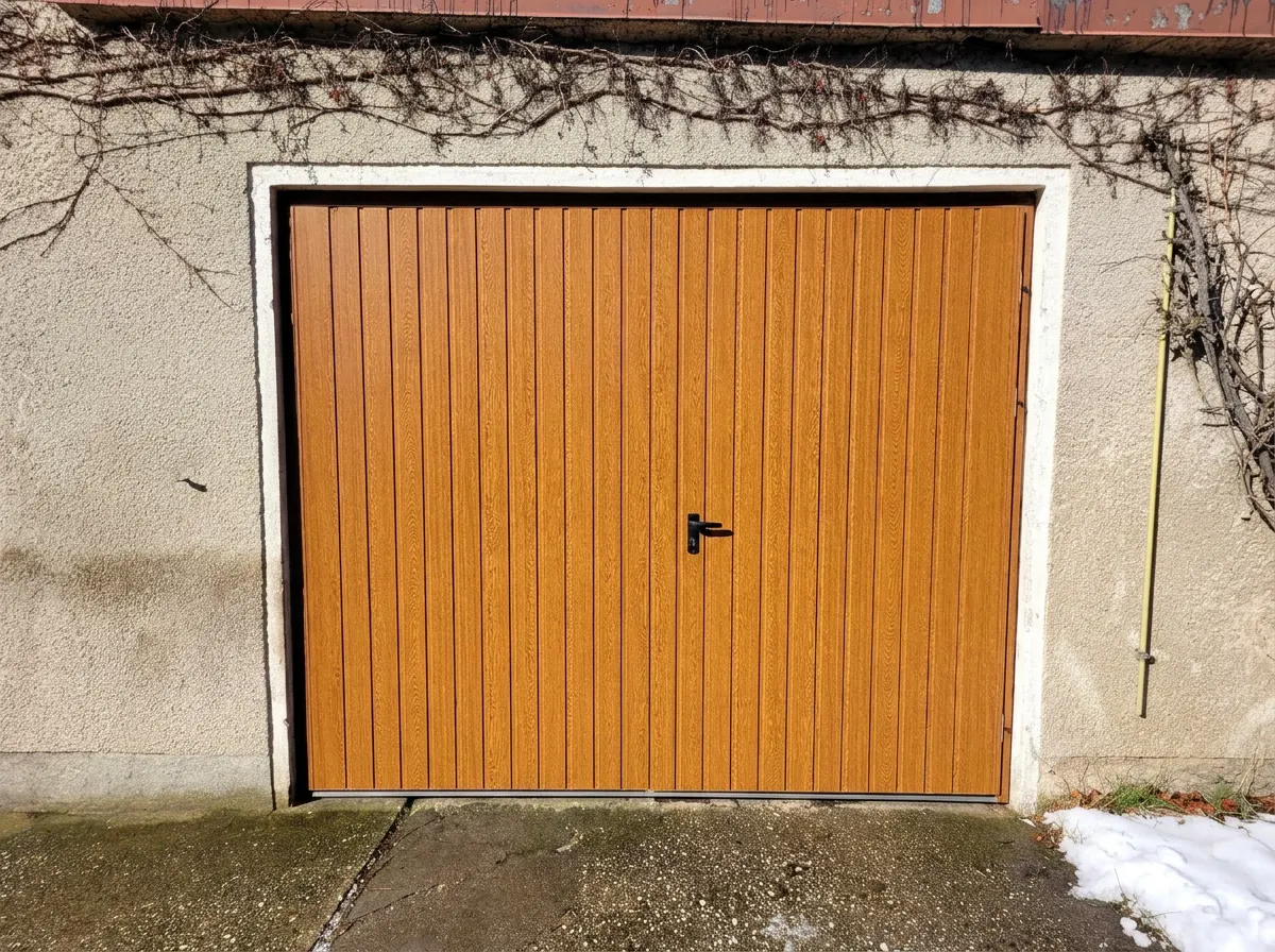 Neue maßgefertigte zweiflügelige Garage in Holzoptik nach der Montage