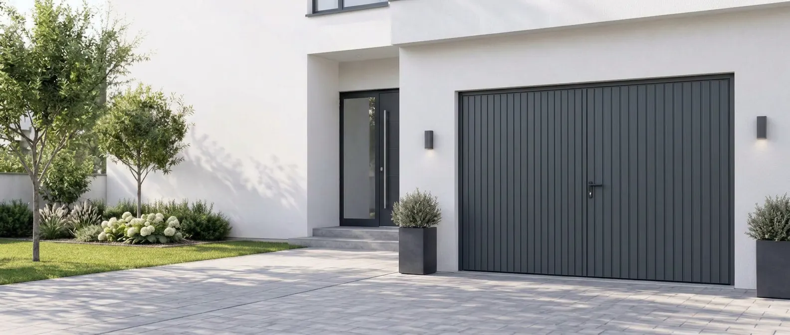 Anthrazitfarbenes zweiflügeliges Stahl-Garagentor mit vertikaler Prägung an einem modernen Haus